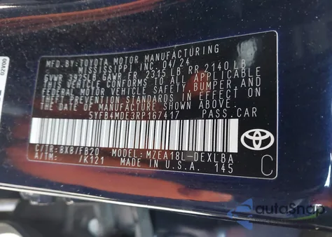 2024 Toyota Corolla Le z USA, uszkodzony, nr VIN 5YFB4MDE3RP167417